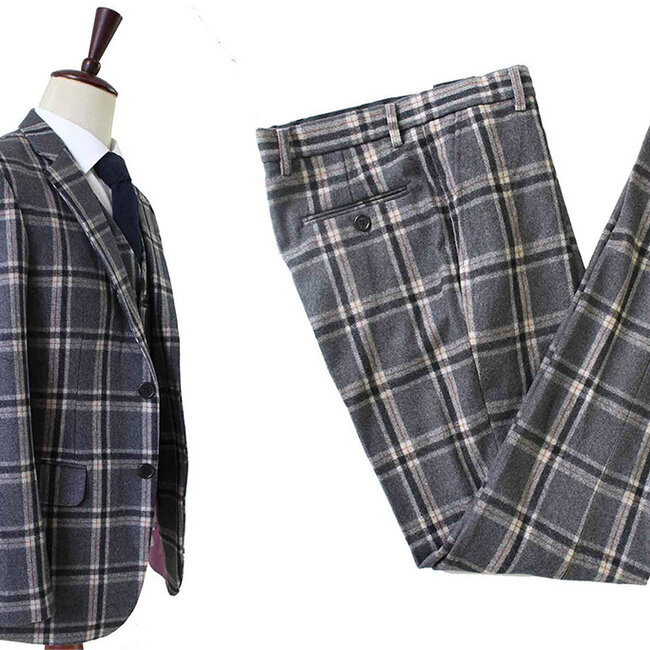Maatpak voor heren | 3-delig pak | grijs/crème Windowpane | Jeremiah Jesus | Peaky Blinders