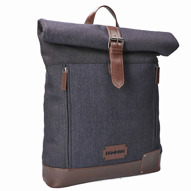 Bonnie - Tweed-Rolltop-Rucksack - Blau/Braun