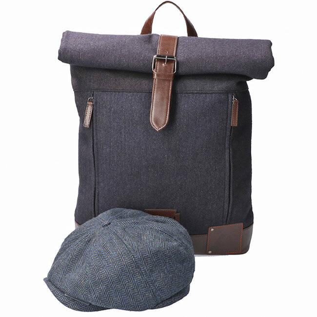 Bonnie - Tweed-Rolltop-Rucksack - Blau/Braun