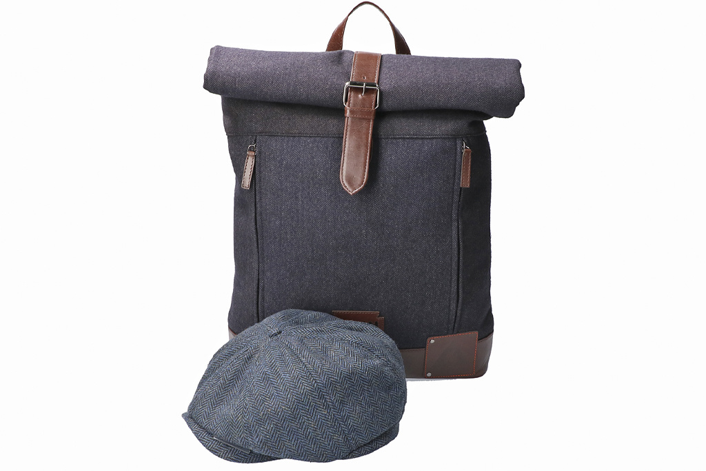 Bonnie - Tweed Roll Top Backpack - Blue/Brown