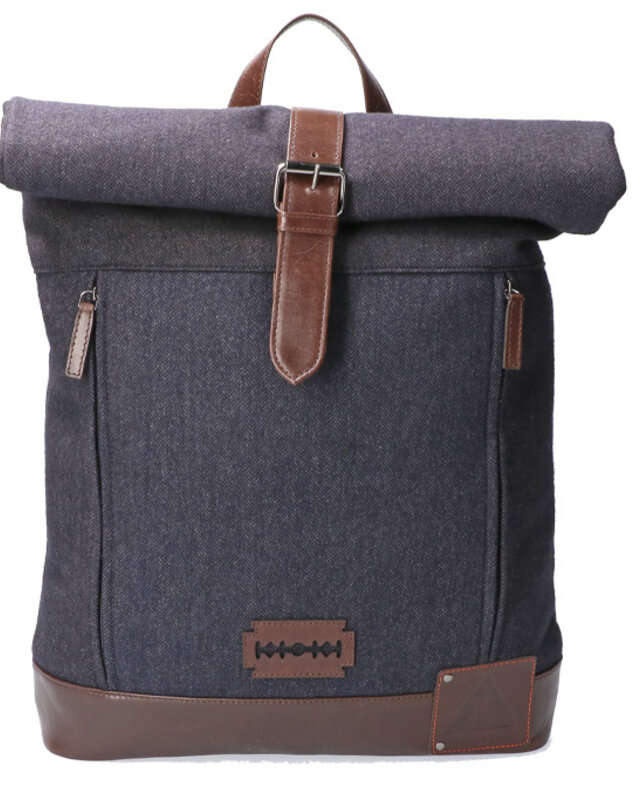 Bonnie - Tweed Roll Top Backpack - Blue/Brown