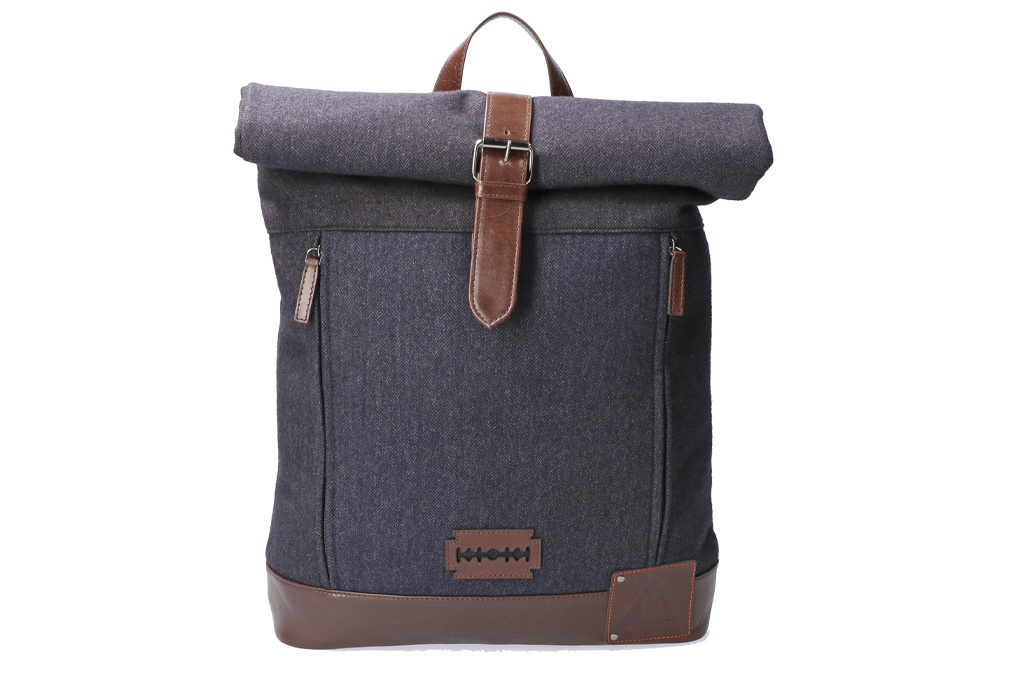 Bonnie - Tweed-Rolltop-Rucksack - Blau/Braun