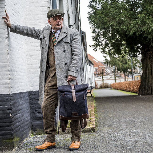 Bonnie - Tweed-Rolltop-Rucksack - Blau/Braun