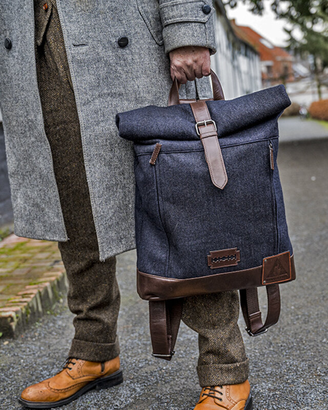 Bonnie - Mochila Tweed enrollable - Azul/Marrón