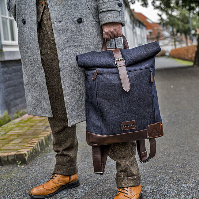 Bonnie - Tweed-Rolltop-Rucksack - Blau/Braun