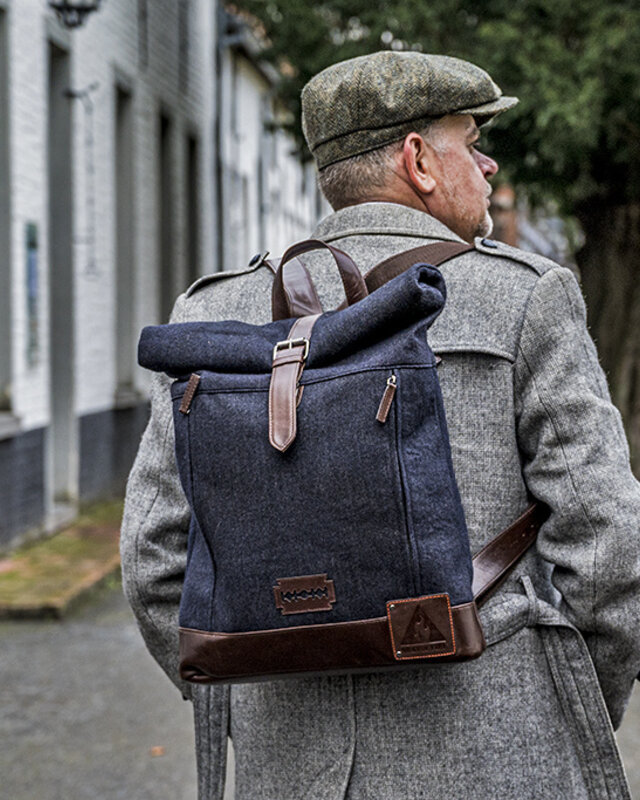 Bonnie - Mochila Tweed enrollable - Azul/Marrón
