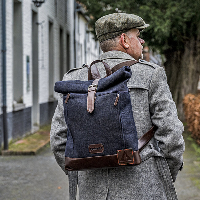 Bonnie - Tweed-Rolltop-Rucksack - Blau/Braun