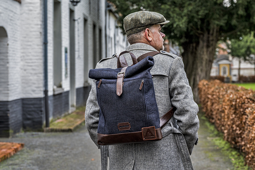 Bonnie - Sac à dos roll-top en tweed - bleu/marron