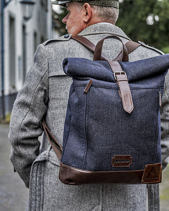 Bonnie - Tweed Roll Top Backpack - Blue/Brown