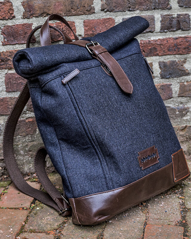Bonnie - Tweed Roll Top Backpack - Blue/Brown