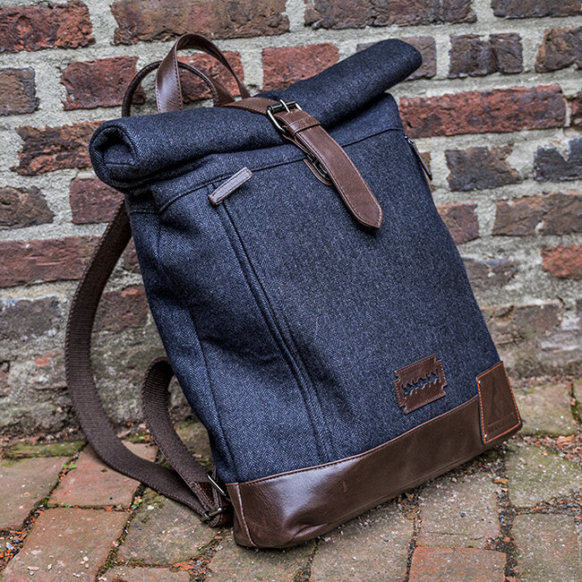 Bonnie - Tweed-Rolltop-Rucksack - Blau/Braun