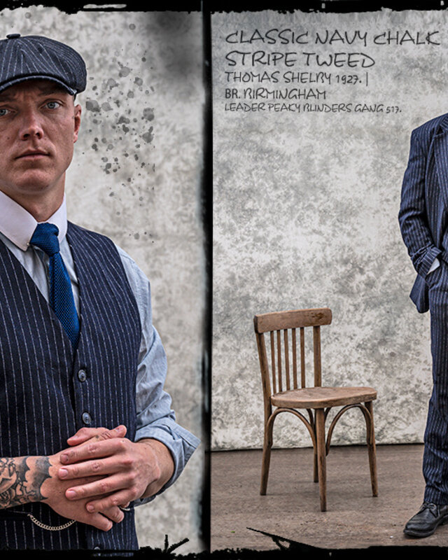 Traje de tweed de 3 piezas Clásico Azul Marino a Rayas