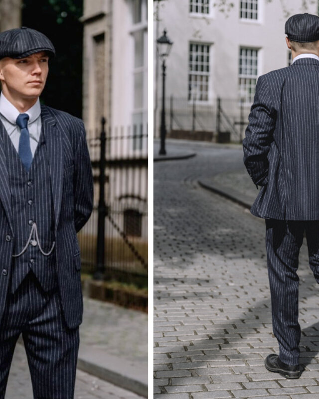 Traje de tweed de 3 piezas Clásico Azul Marino a Rayas