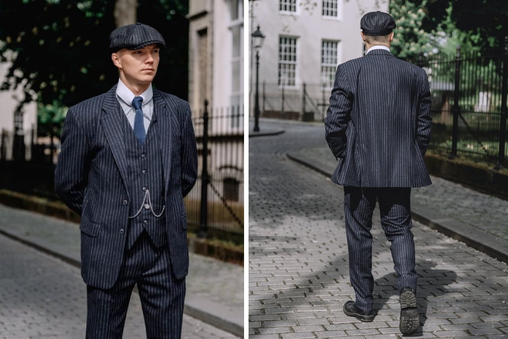 Traje de tweed de 3 piezas Clásico Azul Marino a Rayas