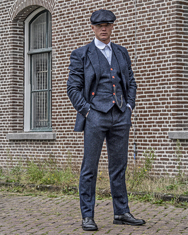 Traje de tweed de 3 piezas Clásico Azul Marino Moteado
