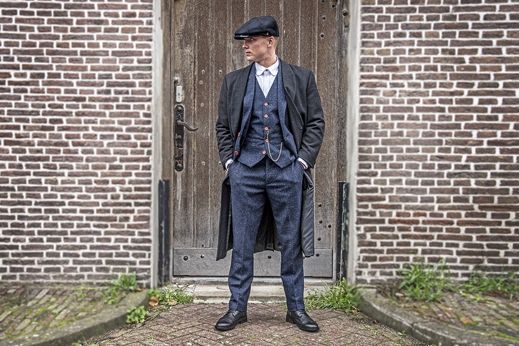 3-delig Tweed pak Klassiek Navy gekleurd gespikkeld