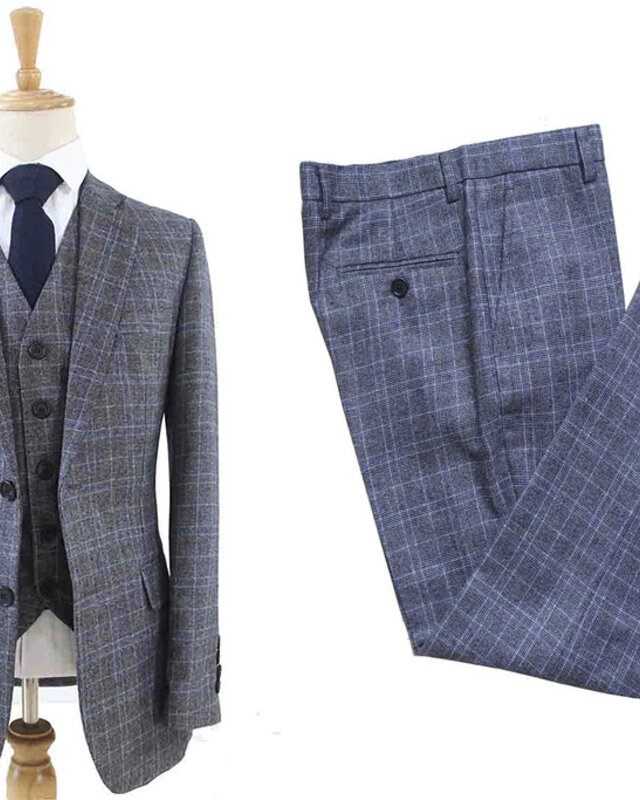 Traje sastre hombre | Traje 3 piezas | Azul/gris sobre cuadros | Bonnie Gold | Peaky Blinders