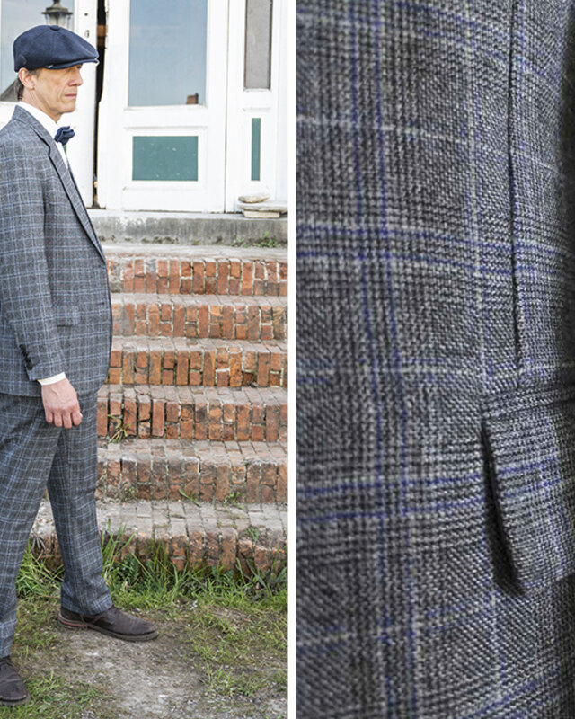 Traje sastre hombre | Traje 3 piezas | Azul/gris sobre cuadros | Bonnie Gold | Peaky Blinders