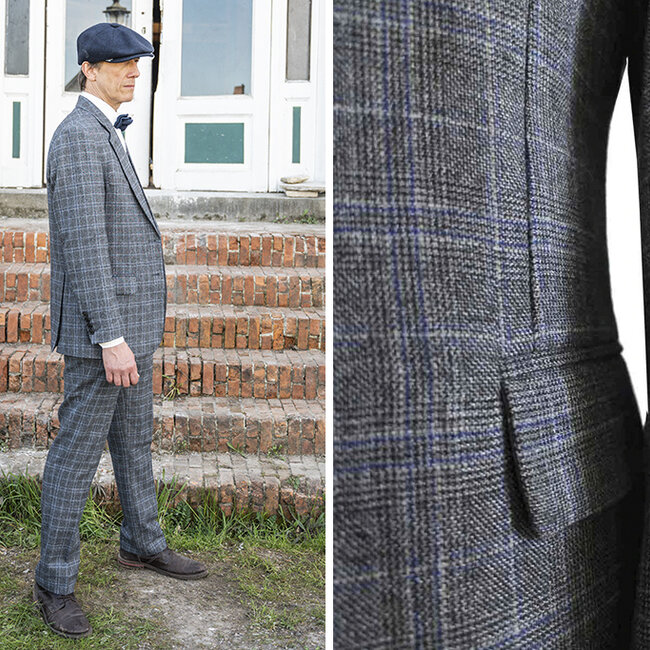 Traje sastre hombre | Traje 3 piezas | Azul/gris sobre cuadros | Bonnie Gold | Peaky Blinders