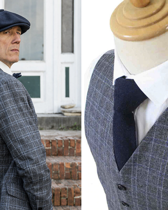 Traje sastre hombre | Traje 3 piezas | Azul/gris sobre cuadros | Bonnie Gold | Peaky Blinders