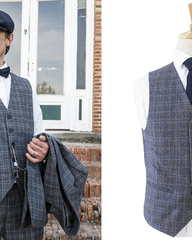 Traje sastre hombre | Traje 3 piezas | Azul/gris sobre cuadros | Bonnie Gold | Peaky Blinders