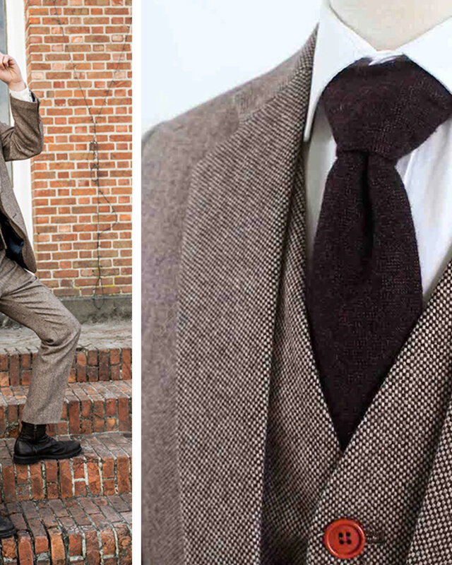 3-Piece Tweed Suit Classic Light Brown Barleycorn  Tweed