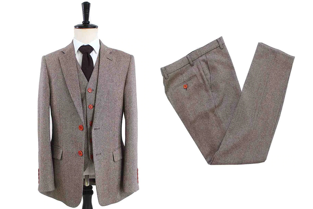 Traje de 3 piezas de tweed clásico marrón claro de tweed Maíz de cebada