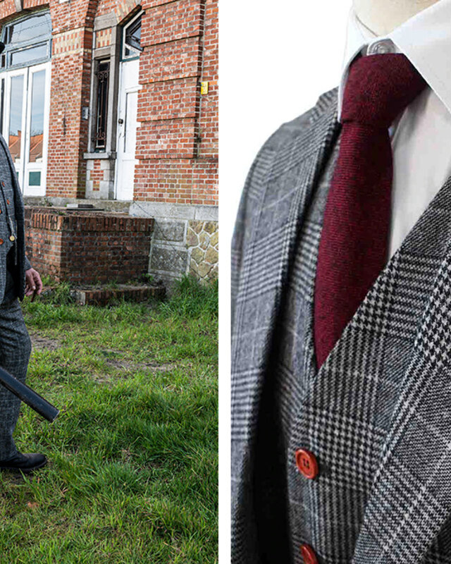 3-teiliger Tweed-Anzug Hahnentritt hellgrau