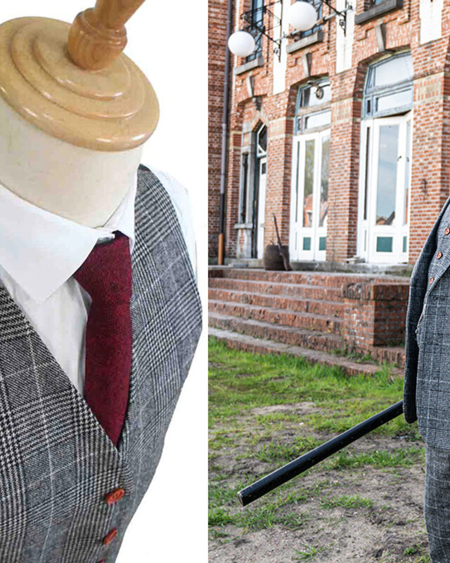 3-teiliger Tweed-Anzug Hahnentritt hellgrau