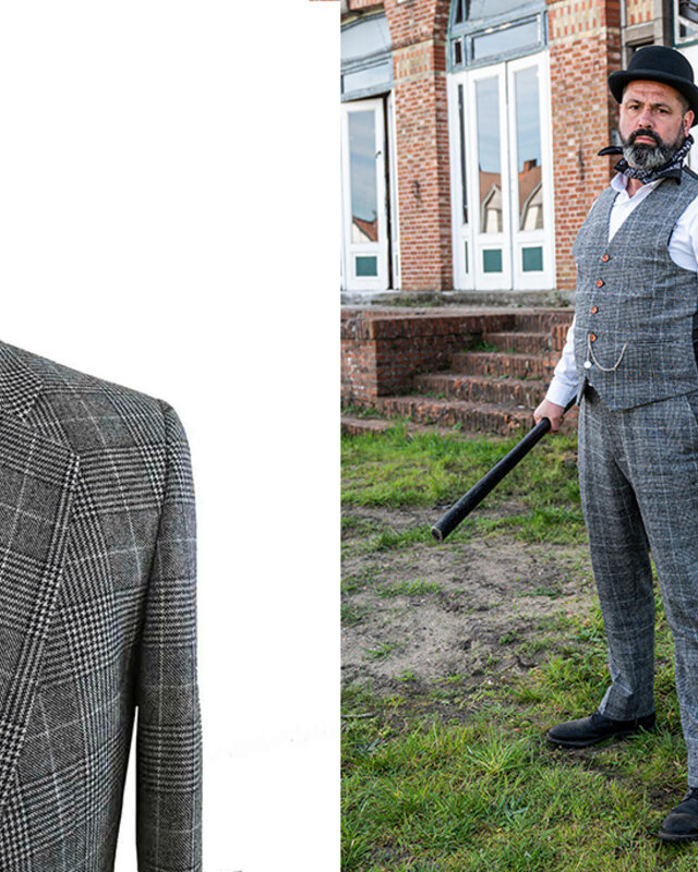 3-teiliger Tweed-Anzug Hahnentritt hellgrau