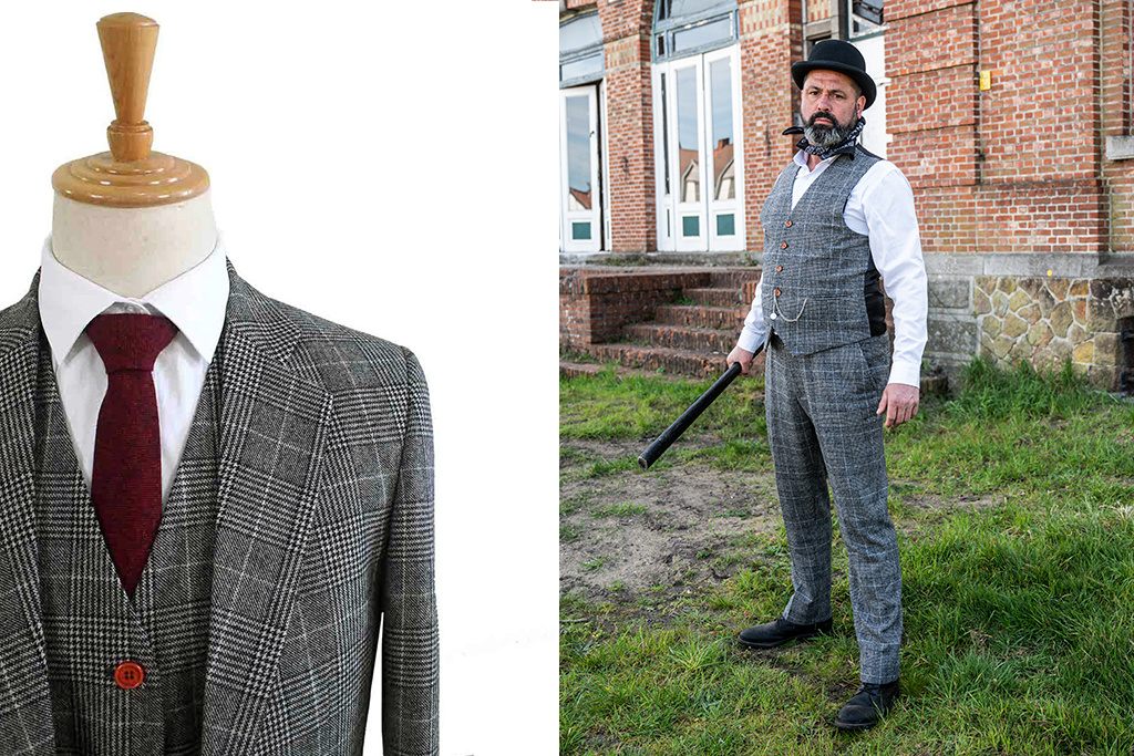 3-teiliger Tweed-Anzug Hahnentritt hellgrau Shelby Brothers