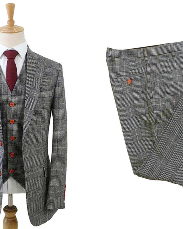 Traje de tweed de 3 piezas Pata de gallo gris claro
