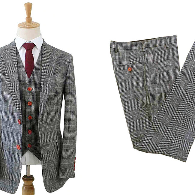 Traje de tweed de 3 piezas Pata de gallo gris claro