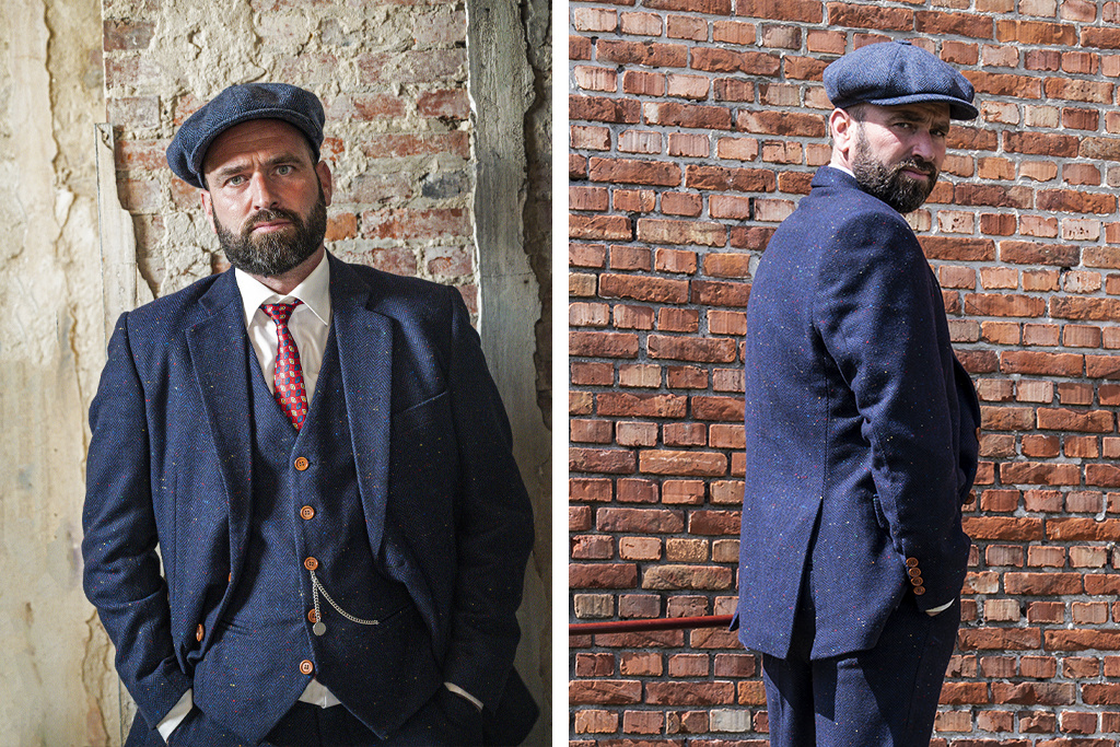 Traje de tweed de 3 piezas en Espiga Azul marino Moteado