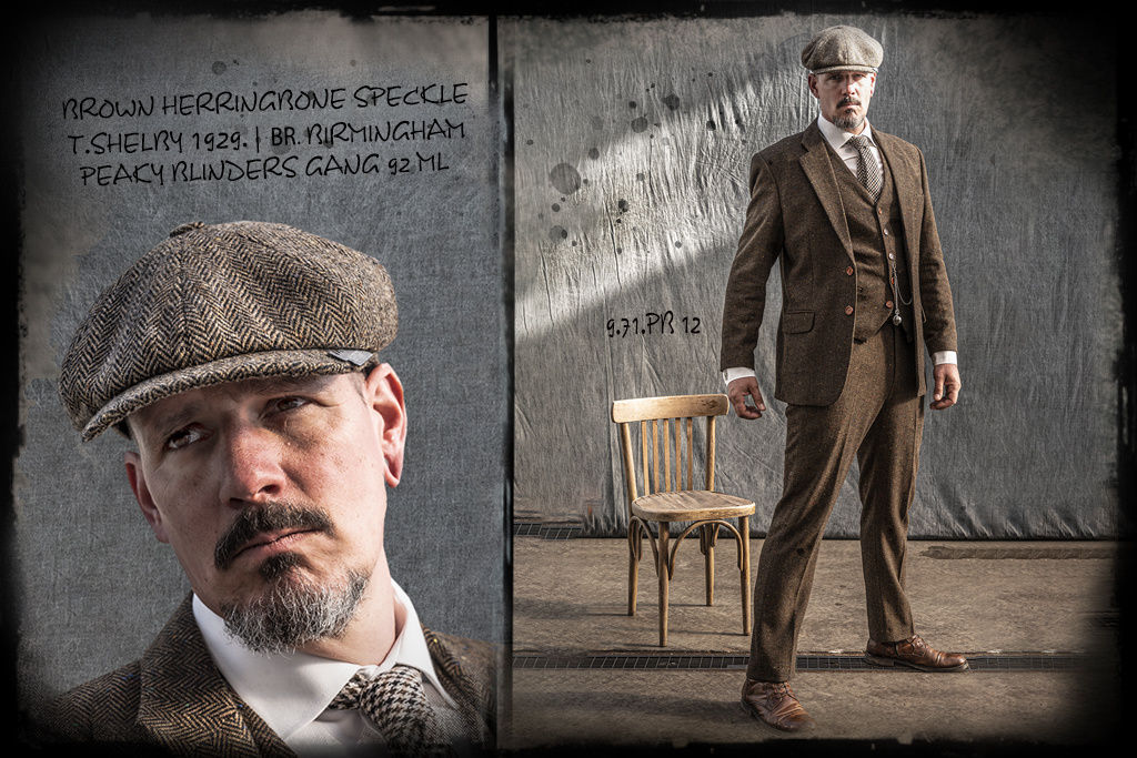 Traje de tweed de 3 piezas en Espiga Moteado Marrón