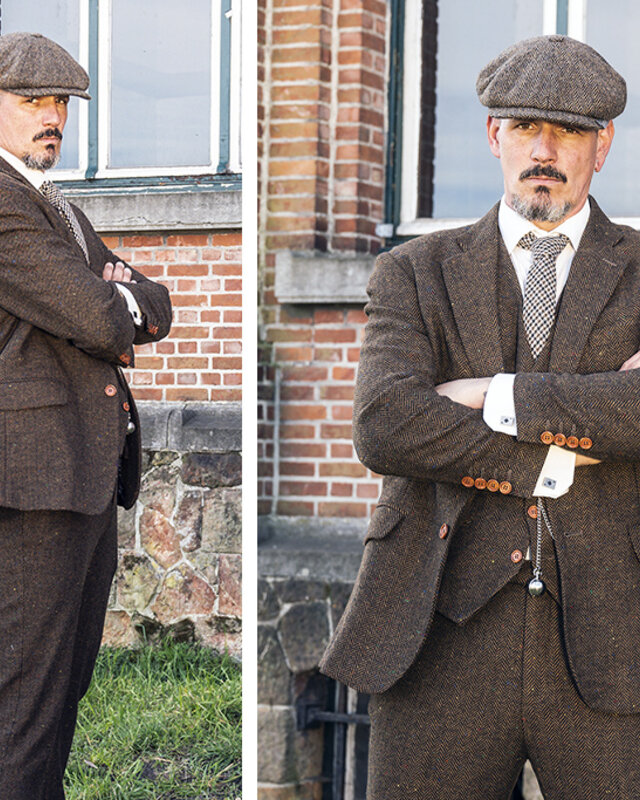 3-teiliger Tweed-Anzug Braun Fischgrätmuster Speckel
