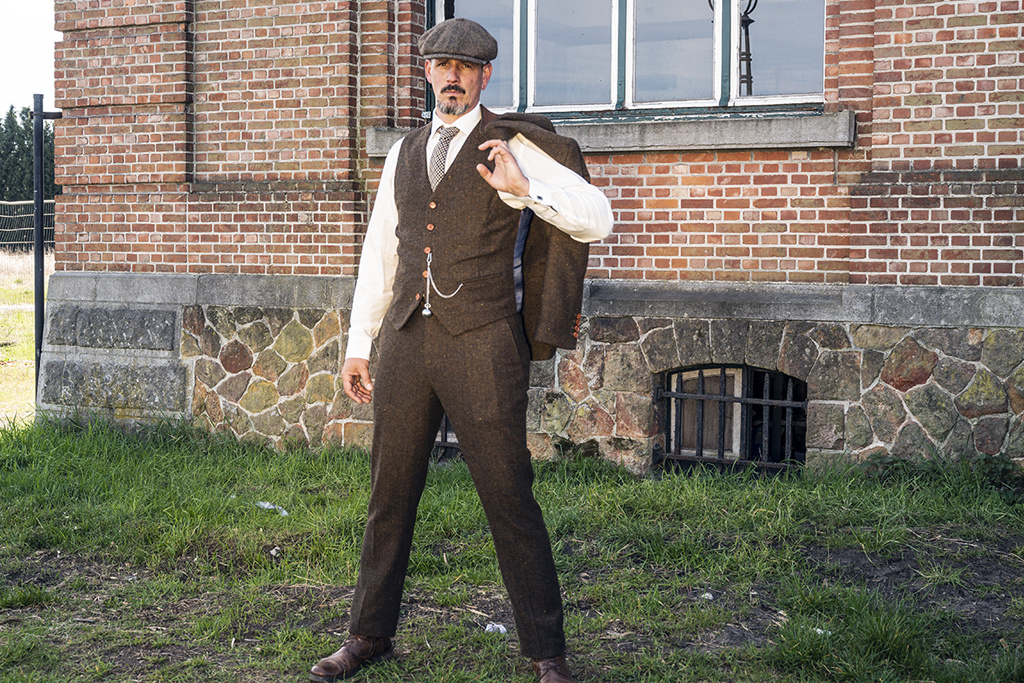 Traje de tweed de 3 piezas en Espiga Moteado Marrón