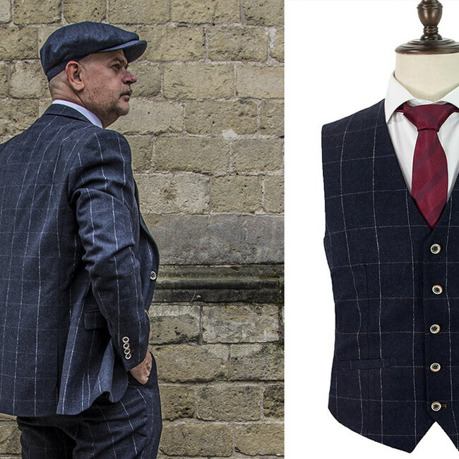Cavani Traje para hombre | Traje de 3 piezas | azul marino a cuadros | John Shelby | Peaky Blinders