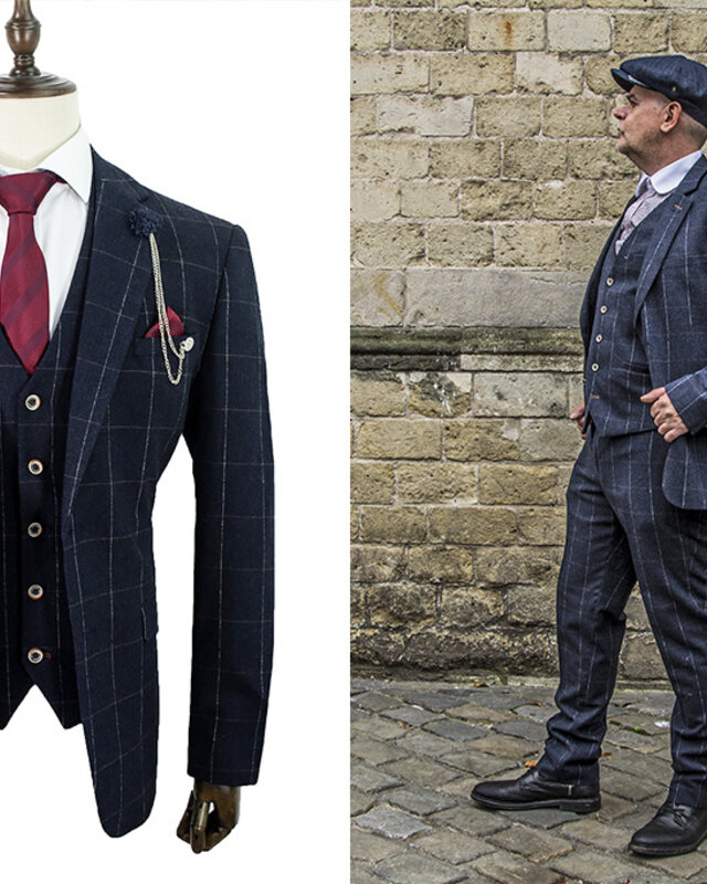 Cavani Herren Anzug | 3-teiliger Anzug | marineblau kariert | John Shelby | Peaky Blinders