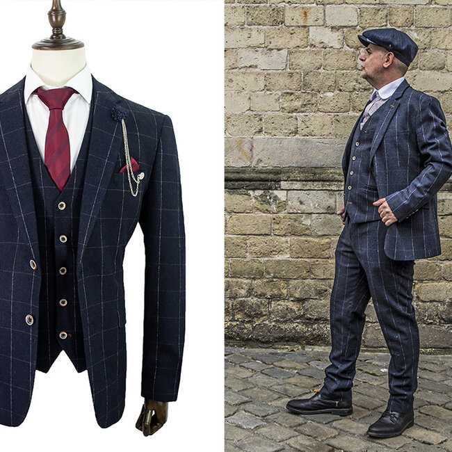 Cavani Traje para hombre | Traje de 3 piezas | azul marino a cuadros | John Shelby | Peaky Blinders