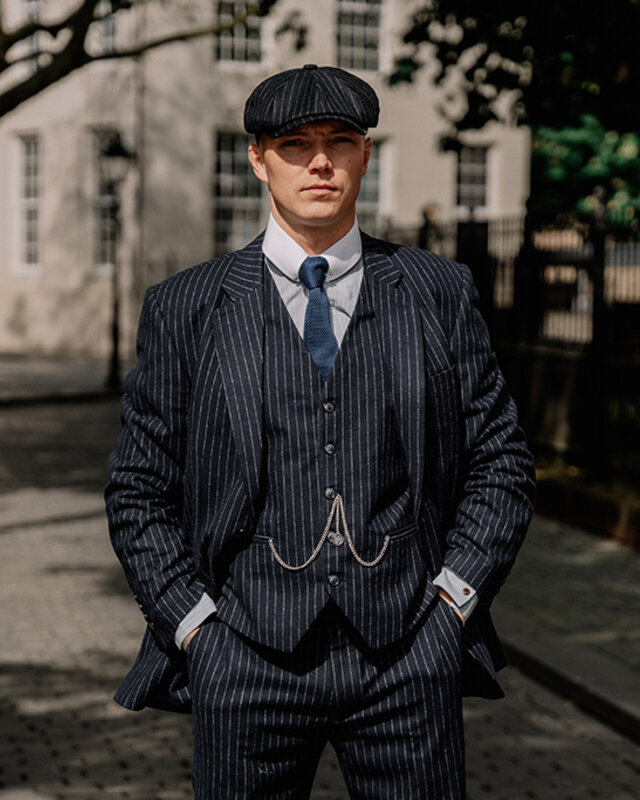 Traje de tweed de 3 piezas Clásico Azul Marino a Rayas