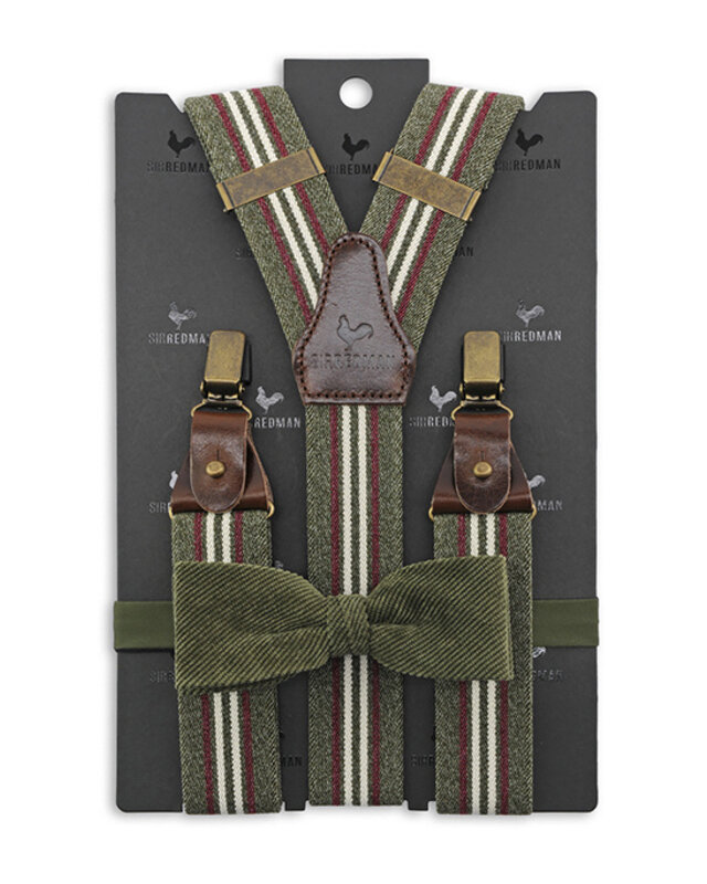 Sir Redman Bretels en Vlinderdas combipack | Groen / bordeaux / gebroken wit | Traditionele bretels voor heren