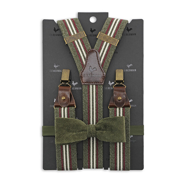 Sir Redman Bretels en Vlinderdas combipack | Groen / bordeaux / gebroken wit | Traditionele bretels voor heren