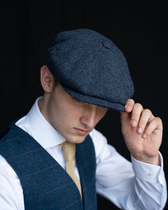 CitySport Cap Deluxe | Blaues Woll-Fischgrätenmuster | 8-teilig