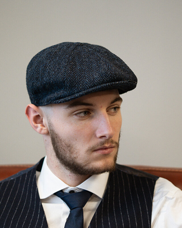 Heather Arran Mütze | Harris Tweed | 8-Panels | Blau/schwarz