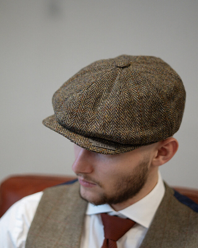 Heather Newsboy-Mütze | Harris Tweed | 8 Panels | Grün/Braun