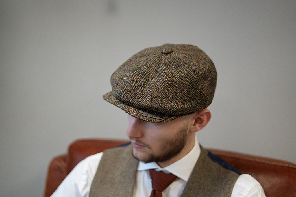 Casquette Newsboy 8 pièces Harris Tweed Vert/Marron