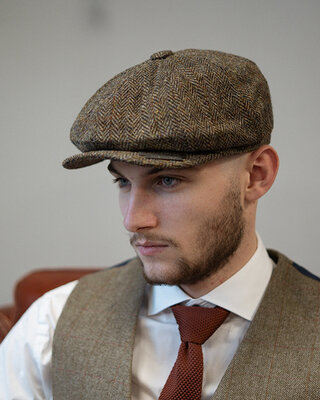 Heather Newsboy-Mütze | Harris Tweed | 8 Panels | Grün/Braun