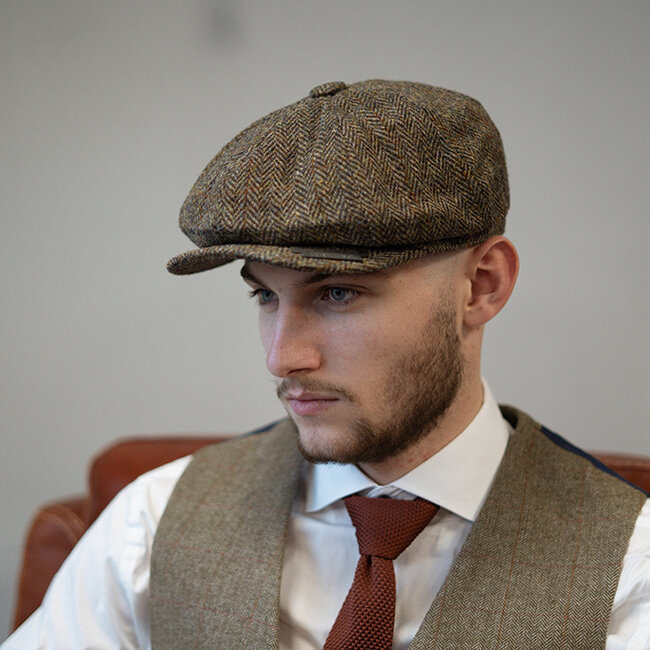 Heather Newsboy-Mütze | Harris Tweed | 8 Panels | Grün/Braun