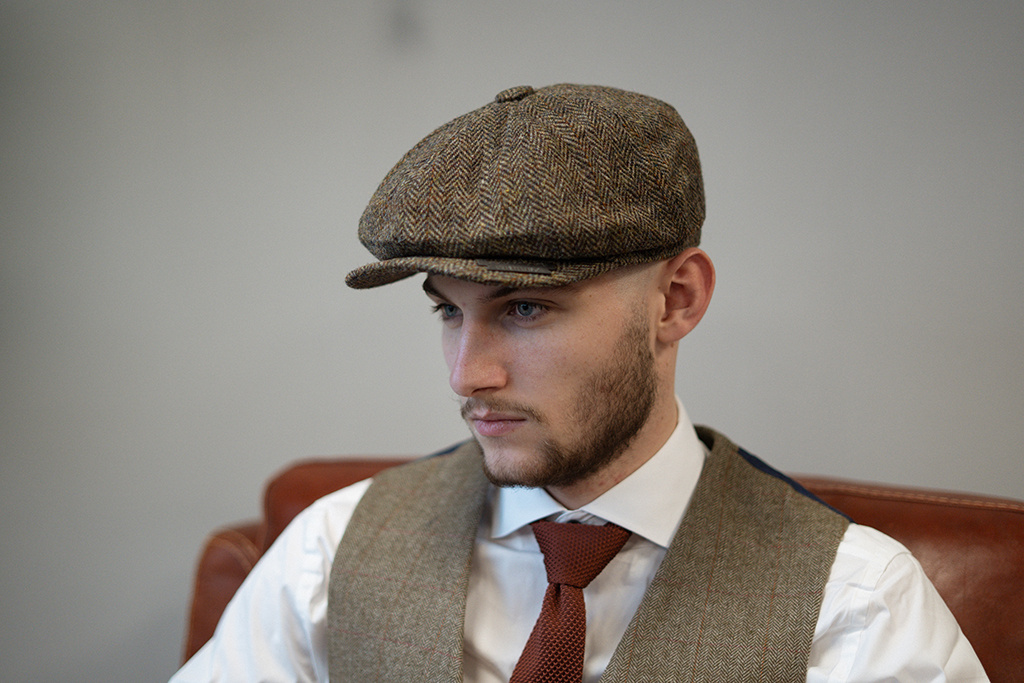 Casquette Newsboy 8 pièces Harris Tweed Vert/Marron